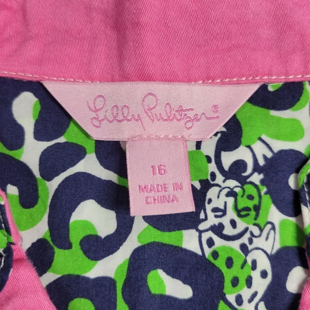 Lilly Pulitzer Dress Girls Size 16 Green Blue Pink Leopard Print Ruffle Trim